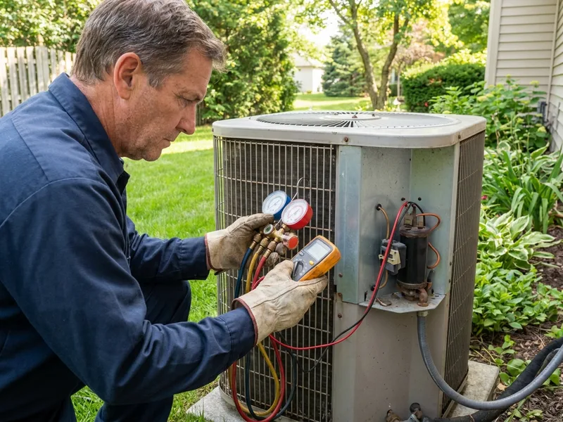 AC repair and installation Morris County NJ — HVAC technician servicing outdoor condenser unit