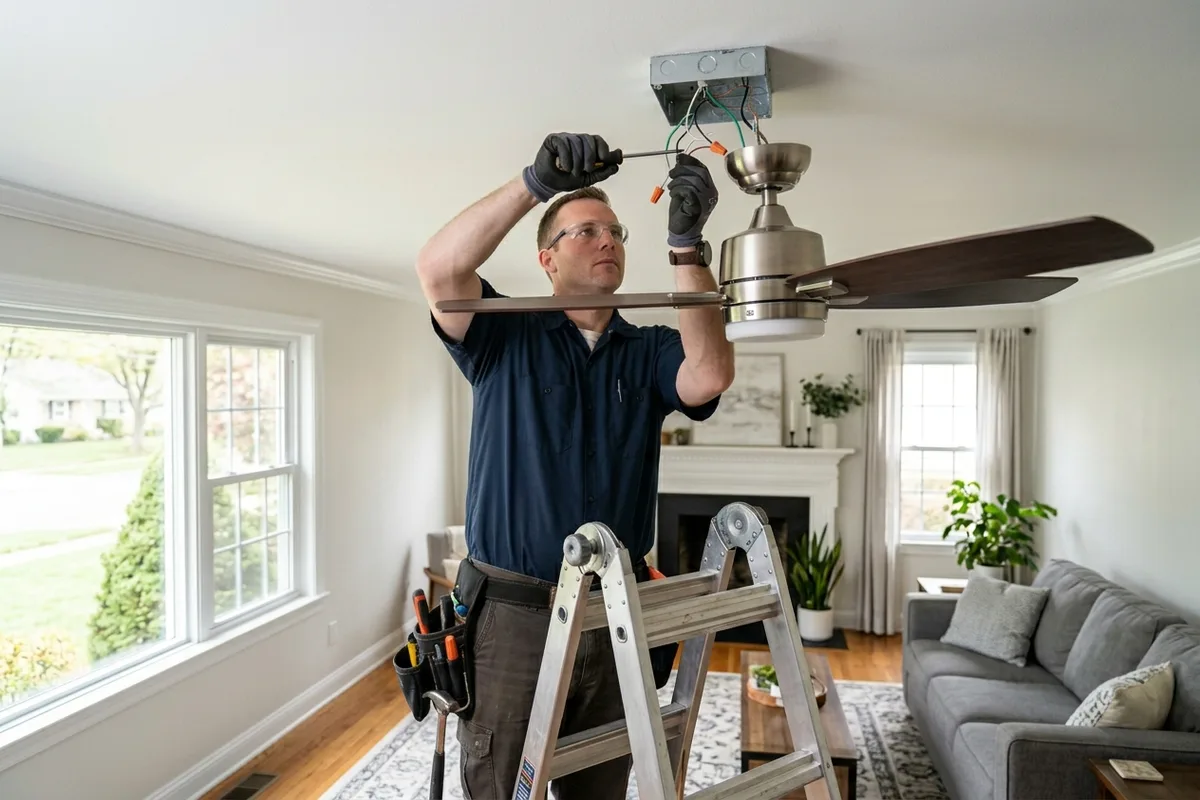 Licensed electrician installing ceiling fan in Morris County NJ home