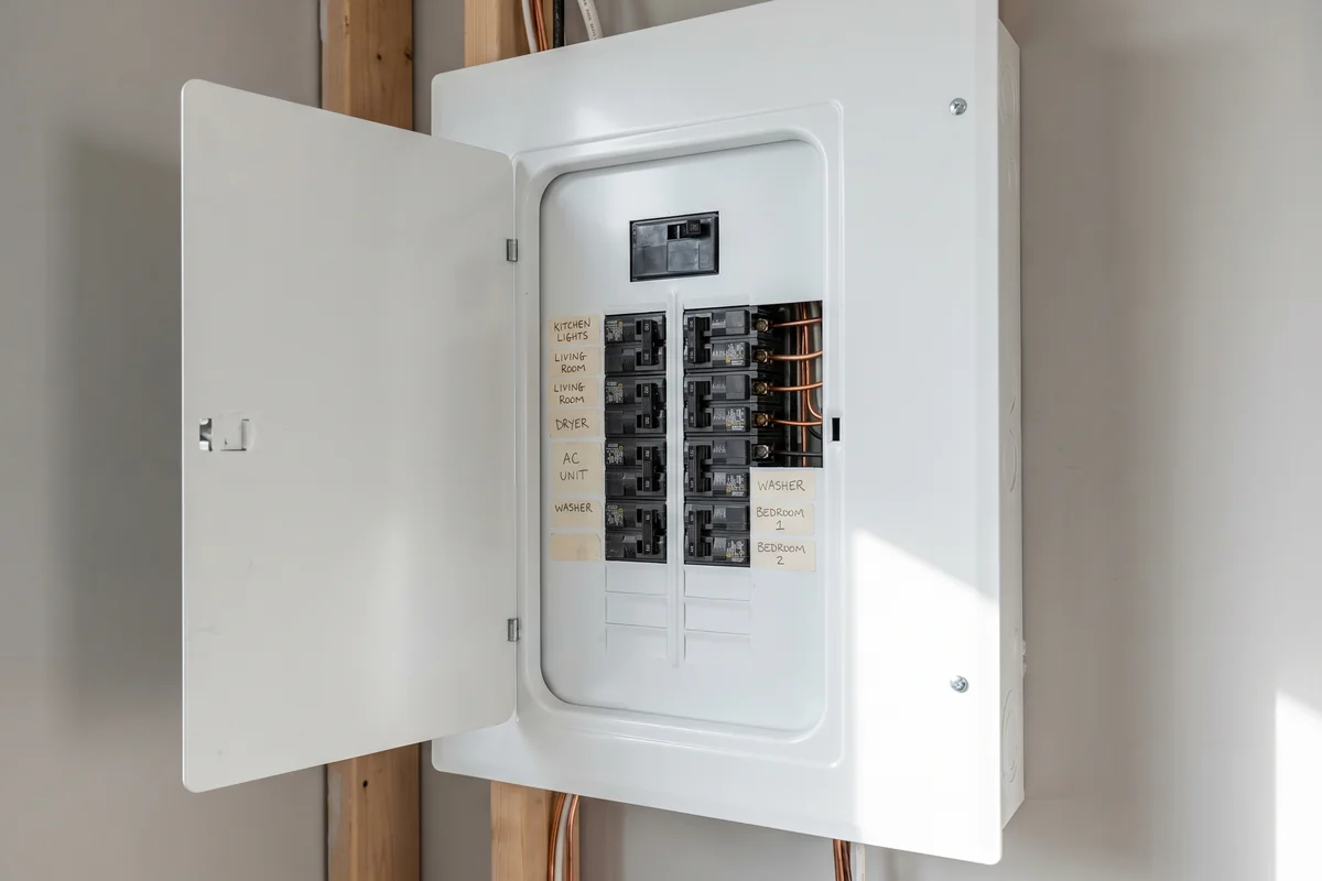 Licensed electrician inspecting circuit breaker panel for replacement in Morris County NJ home — Protocol Services Electric & Air