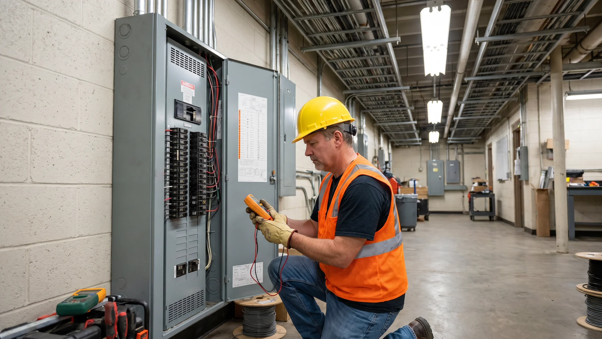 Commercial electrician working on commercial panelboard installation in Morris County NJ — Protocol Services
