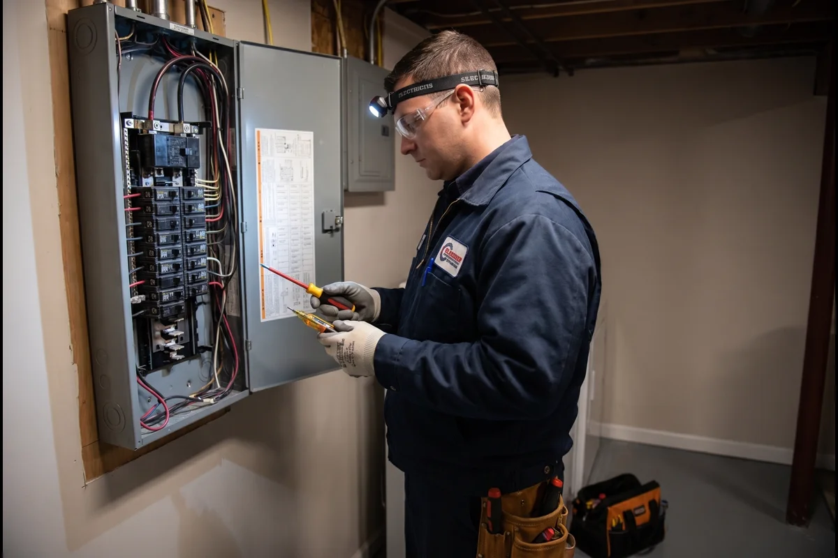 Licensed emergency electrician inspecting sparking electrical panel — Protocol Services Electric & Air, Morris County NJ