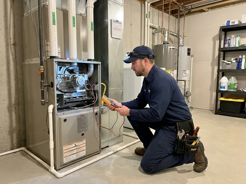 Protocol Services HVAC technician servicing a gas furnace in Morris County NJ