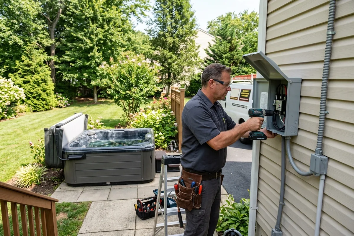 Licensed electrician installing hot tub GFCI disconnect panel Morris County NJ