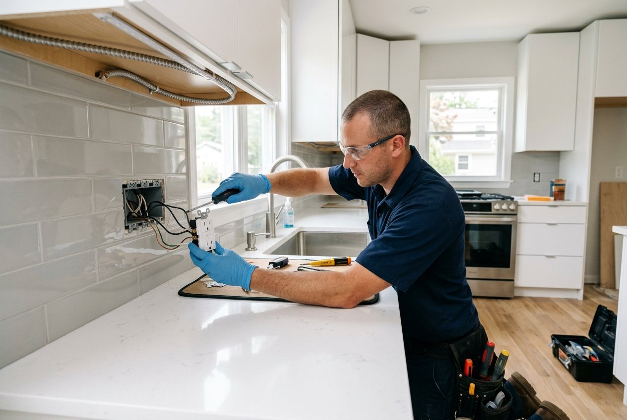 Licensed electrician installing GFCI outlets in kitchen Morris County NJ