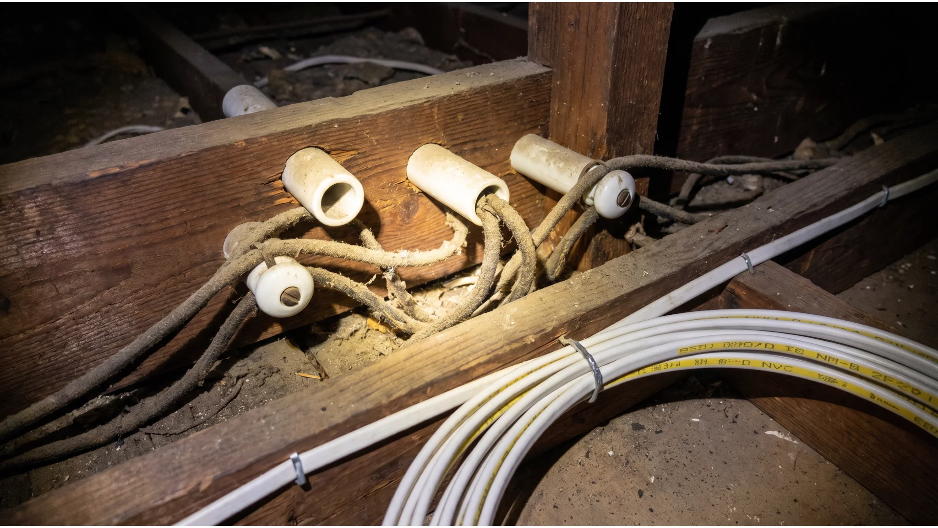 Knob-and-tube wiring replacement Morris County NJ — old ceramic tube insulators and cloth-insulated conductors next to new NM-B copper cable