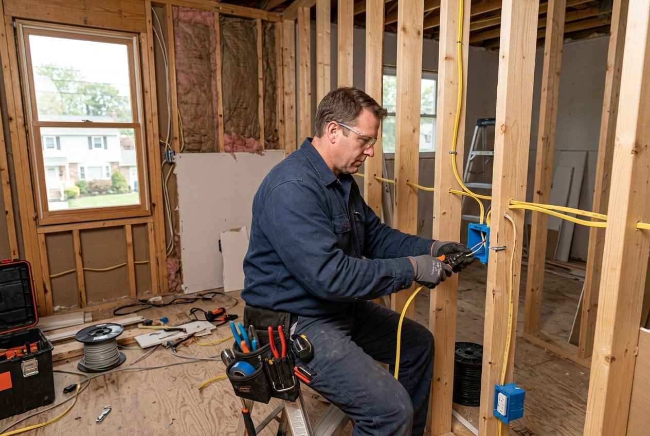 Licensed electrician running renovation electrical wiring in Morris County NJ home
