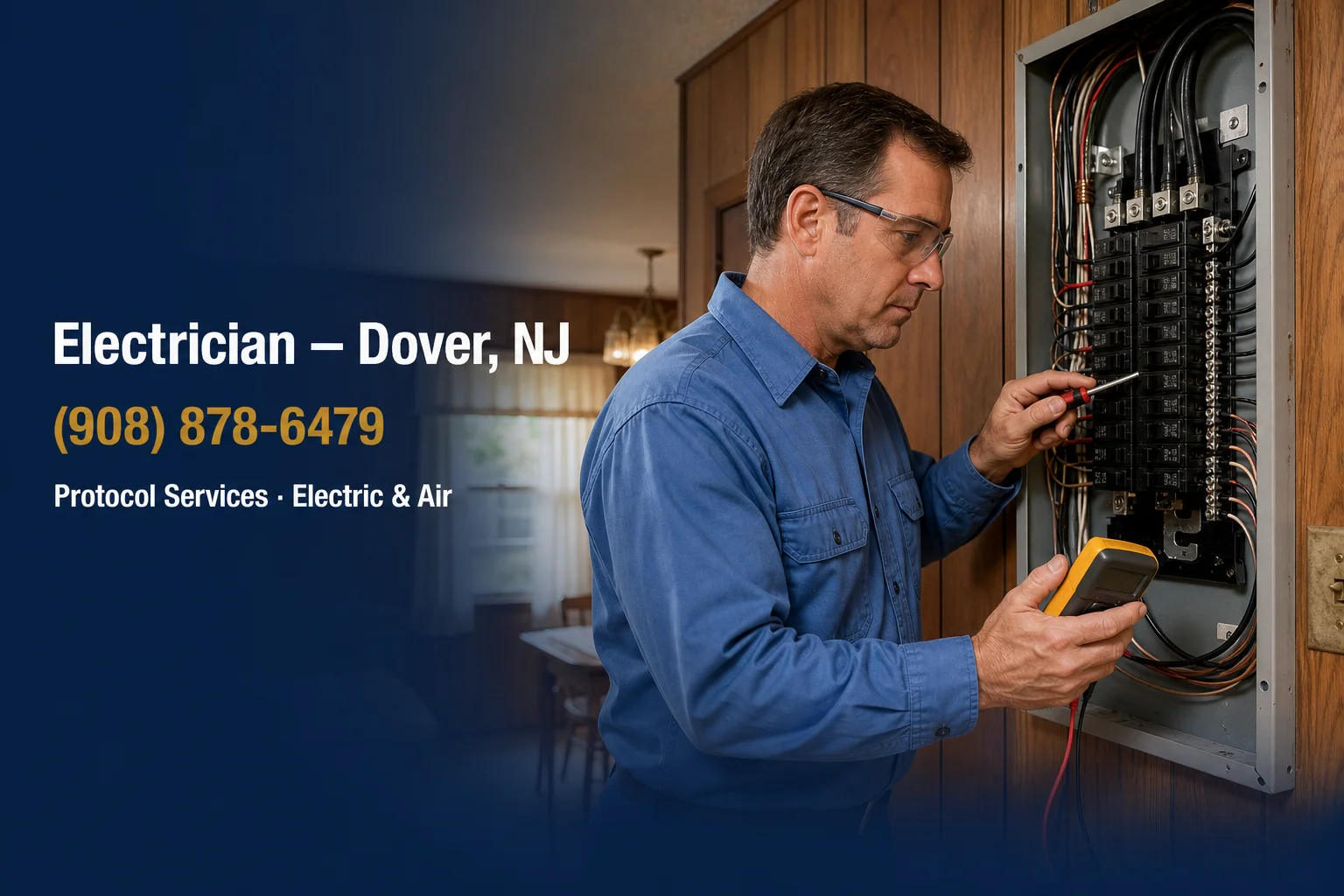 Licensed electrician performing a 200-amp panel upgrade in a Dover NJ home — Protocol Services Electric & Air