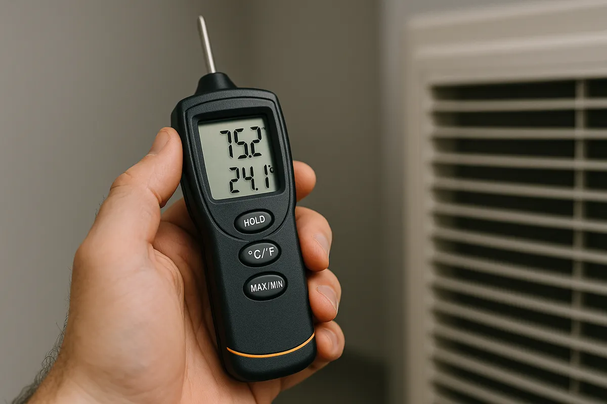 A hand holds a digital HVAC thermometer displaying temperature readings, with a cooling unit in the background.