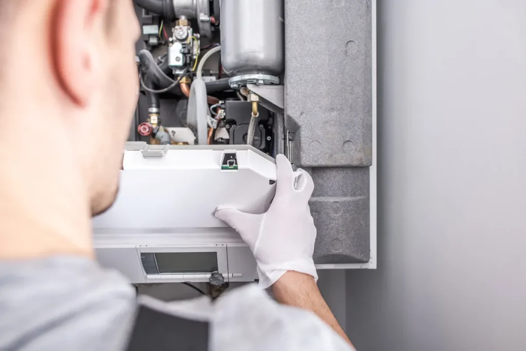 A contractor working on a central heating furnace system, illustrating the need for timely repairs.